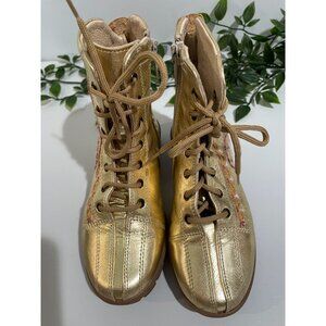 Gold Leather Embroidered Lace-Up Boots Made In Italy By Y. Iacovelli Size 28 Kid